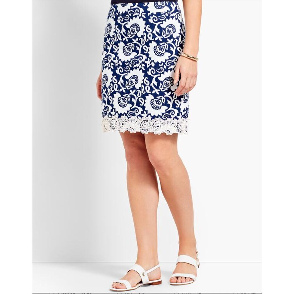 Talbots Woodblock Floral Stretch Cotton Mini Skirt Womens 8 Petite Blue NEW